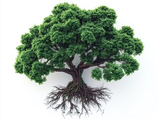 Majestic green tree with twisting trunk and exposed roots, lush canopy evoking resilience and grounded serenity