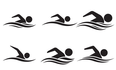 Obraz premium Set of six black silhouette swimming icons for sport and water recreation design elements