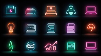 Neon tech startup icon set with glowing digital symbols, modern business elements, and futuristic entrepreneurship visuals in vibrant color themes