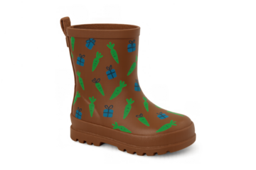 Brown rain boot for children featuring a playful carrot and gift box pattern on a transparent background