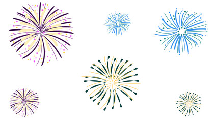set of fire works for new year or other celebration, hand drawn vector illustrations on transparent background 