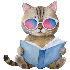 watercolor of cat wearing sunglasses, reading a book