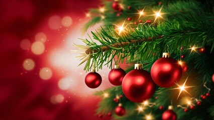 Obraz premium Vibrant Christmas tree branch with red ornaments and sparkling lights