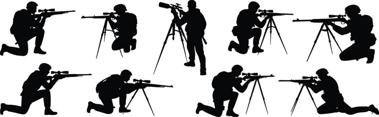 Silhouettes, tactical shooter poses, rifle tripod stances, sniper training, military shooting positions, precision aiming, kneeling, standing, crouching © Hey There