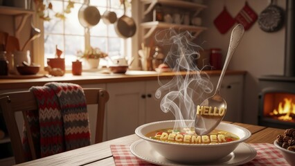 Cozy Kitchen Scene with Steaming Bowl of Soup and Crackling Fireplace.