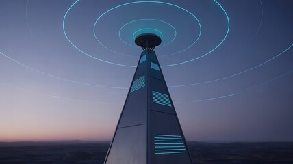 tall tower with blue lights at night emitting signals