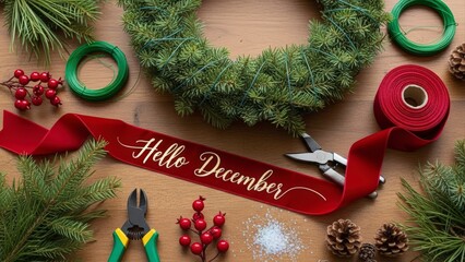 Festive December Wreath Making Supplies with Red Ribbon and Pine Cones.