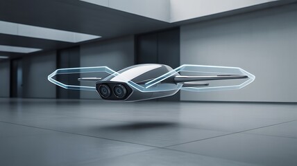 futuristic drone with blue outlines in a modern gray room