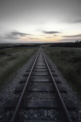 Obraz premium Lonely railway track stretching through grassy countryside toward a glowing sunset horizon under a moody cloudy sky, evoking calm and contemplation