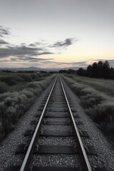 Fototapeta premium Single set of railroad tracks cutting through grassy fields and low bushes toward distant mountains under a calm, moody sunset sky, evoking solitude and a quiet journey