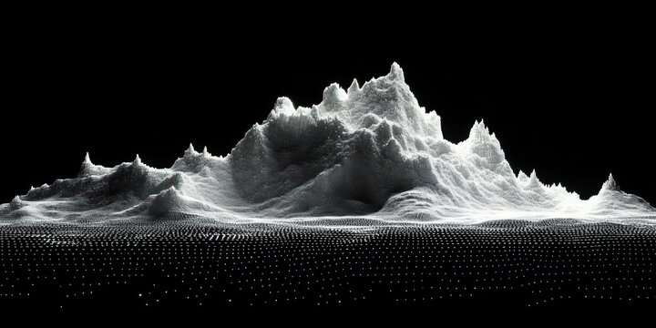 white particle point cloud forming a jagged mountain range above a dotted grid on a black background, futuristic and mysterious