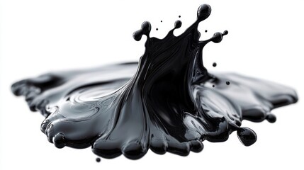 Glossy viscous black liquid splash with suspended droplets and reflective puddle on white background, dramatic dynamic motion and mysterious high-contrast abstract texture