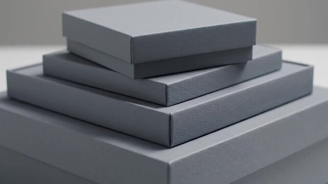 Set of stacked gray gift boxes in different sizes arranged neatly on a light background