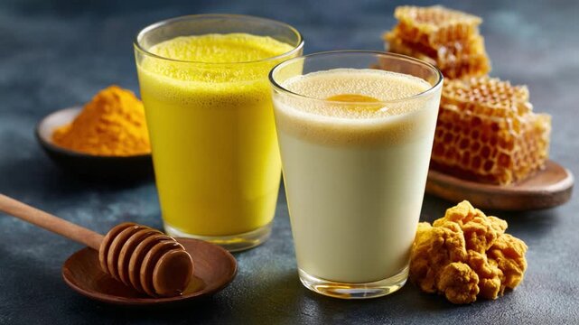 Golden Elixir: Two glasses of invigorating turmeric and honey elixir, alongside honeycomb and turmeric powder, promise a moment of healthy indulgence. 