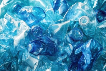 Obraz premium close-up of crushed translucent blue plastic bottles piled together, empty necks and wrinkled surfaces conveying environmental concern and urgency