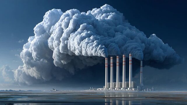 Environmental Impact: Industrial chimneys spew thick, billowing smoke, forming a massive cloud that dominates the horizon. A stark visual statement about pollution and environmental devastation.