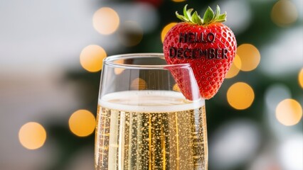 Champagne glass with strawberry and festive bokeh lights.