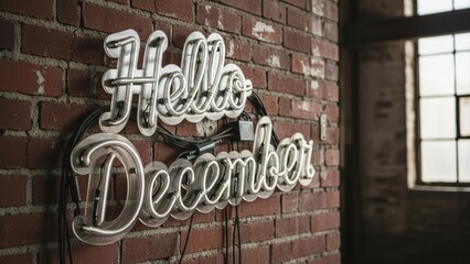 Illuminated Neon Sign Welcoming the Month of December on a Brick Wall.