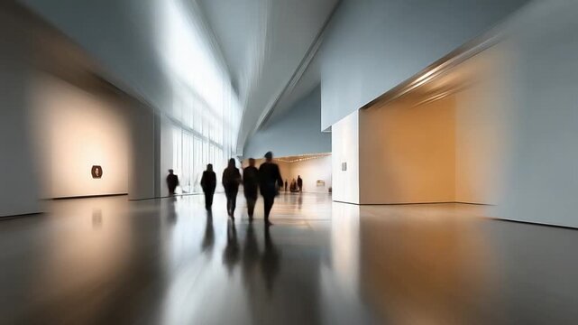 Architectural Promenade: Silhouetted figures traverse a modern gallery space, their forms defined against the backdrop of sleek design and architectural brilliance.
