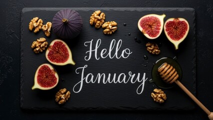 Hello January Text With Fresh Figs Walnuts And Honey On Slate.