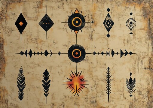 Distressed beige mural of black geometric diamonds, concentric circles and arrow motifs with a central orange starburst and stylized feather shapes, evoking an ancient mysterious ritual