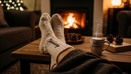 Cozy winter evening by the fireplace with warm socks and hot drink.