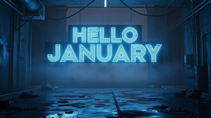 Hello January neon sign in a dark, futuristic, and atmospheric setting.