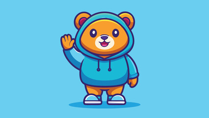 Fototapeta premium Friendly little cartoon bear in a cozy blue hoodie waving its paw