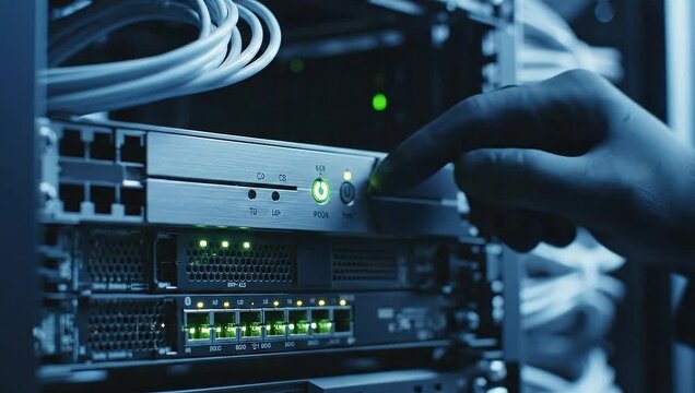 Network Engineer Activating Server in Data Center Rack.