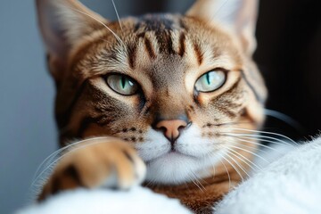 close-up of a ginger tabby cat ear, whiskers and striped fur resting on a soft white blanket, peaceful and content
