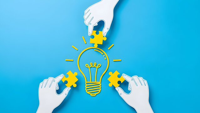 Hands assembling puzzle pieces into lightbulb on blue background