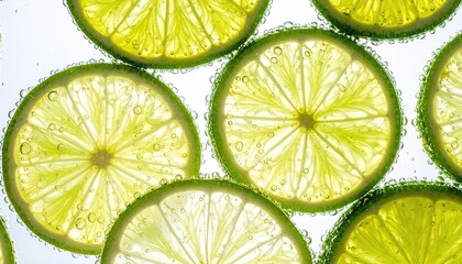 Fresh lime slices submerged in carbonated sparkling water with bubbles