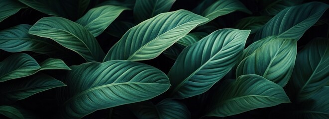 Close-up of layered deep green tropical leaves with detailed veins and rich texture conveying a calm, serene and lush mood