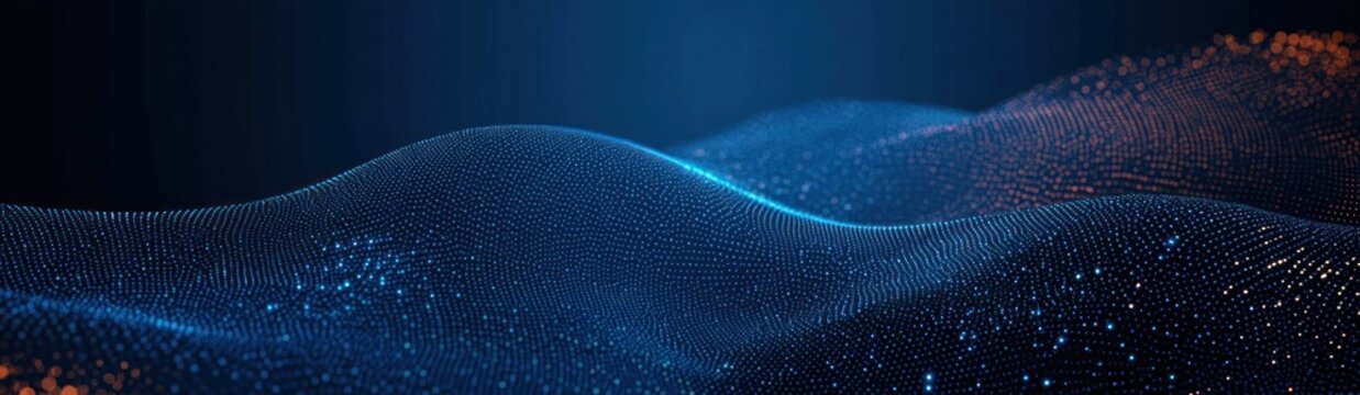 glowing blue particle wave landscape with flowing digital dots and warm orange highlights, futuristic calm and mysterious atmosphere