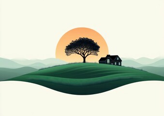 Solitary tree and small house on rolling green hills at sunrise with warm orange sun and tranquil pastoral mood