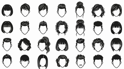 Collection of diverse hairstyles for men and women illustrated in a minimalist black and white style.