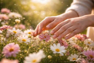 Gentle Hands Touching Wildflowers in Sunlit Meadow, Nature and Mindfulness Concept