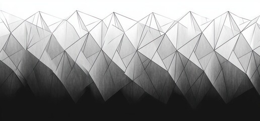 monochrome geometric mountain range of overlapping triangular facets and thin outline lines with misty gradient, evoking a calm and mysterious mood