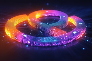 glowing neon circular emblem with triangular center formed from illuminated circuit-like blocks, vibrant purple orange and blue lights, dynamic futuristic energetic mood