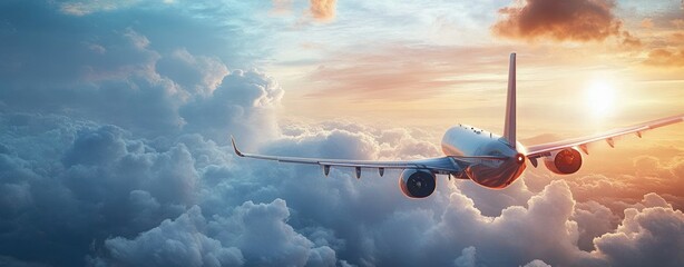 commercial jet flying above thick clouds at sunrise with warm golden light and a serene sense of freedom
