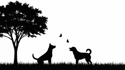 Two dogs watching butterflies in a park silhouette. © malika