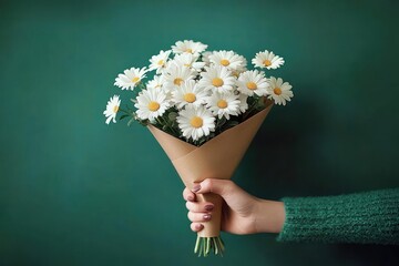 hand in green sweater with mauve nails holding bouquet of white daisies wrapped in brown paper on green background, fresh cheerful and cozy