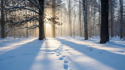 Sunlight Through Snowy Winter Forest