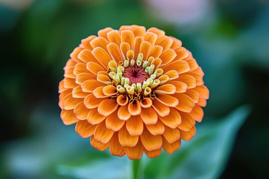 Vibrant single orange zinnia with concentric layered petals and yellow tubular florets at its center, bright and cheerful against a soft green blurred background