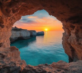 Sunset over turquoise sea framed by a rugged coastal cave opening with cliffs and calm reflective water, serene and awe-inspiring atmosphere