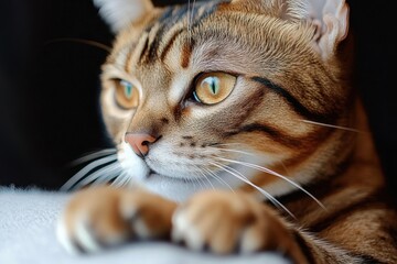 Close-up of relaxed ginger tabby cat paw and ear resting on a soft light blanket, calm cozy domestic feline moment