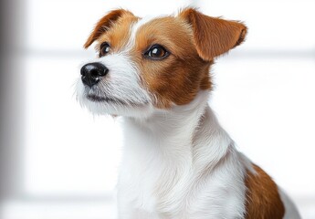 brown and white small dog portrait with alert curious expression against bright window background