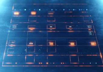 futuristic glowing digital interface grid with orange highlights, square nodes, horizontal lines and dot indicators on a deep blue surface conveying sleek precision and cool focus