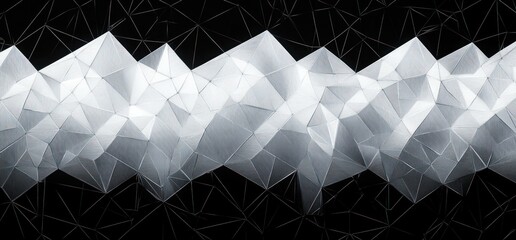 white faceted low-poly wave of interconnected triangular surfaces and wireframe lines on black background, metallic futuristic and mysterious mood