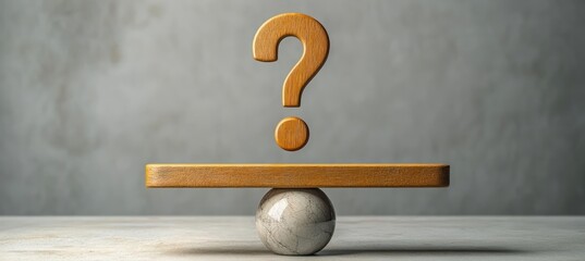wooden question mark and dot above a horizontal wooden plank balanced on a marble sphere on a neutral tabletop, evoking uncertainty and contemplation